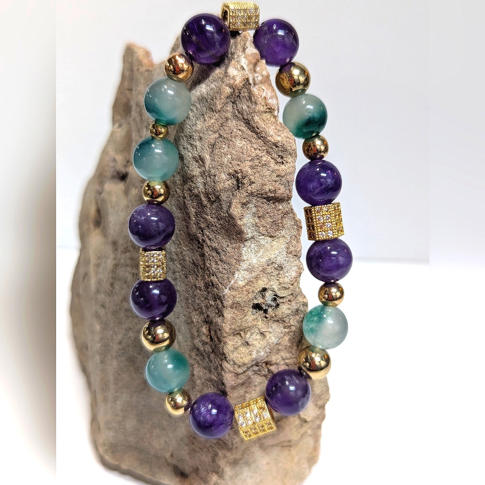Amethyst & Jade 10mm Beaded Stretch Bracelet With Rhinestone Accents